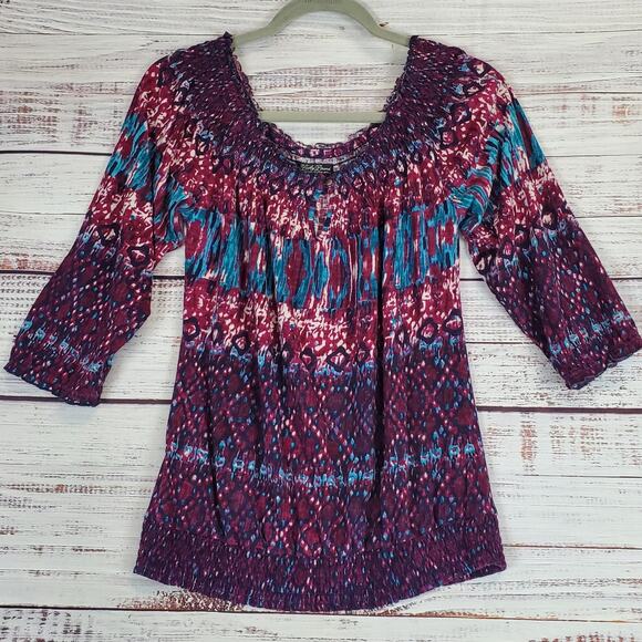 Lucky Brand Peasant Blousy Top Size M Purple Blue Paisley Geo Stretchy Boho 70's - Picture 1 of 10